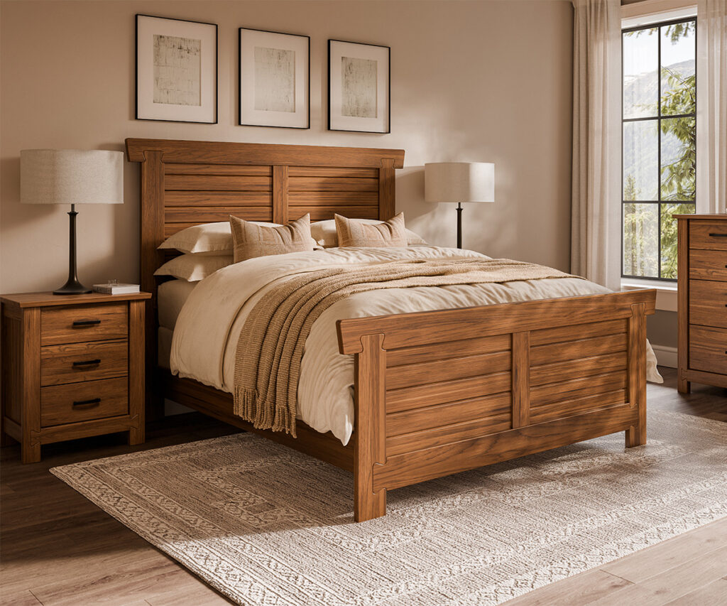 Solid wood bedroom furniture set with panel bed and matching nightstand