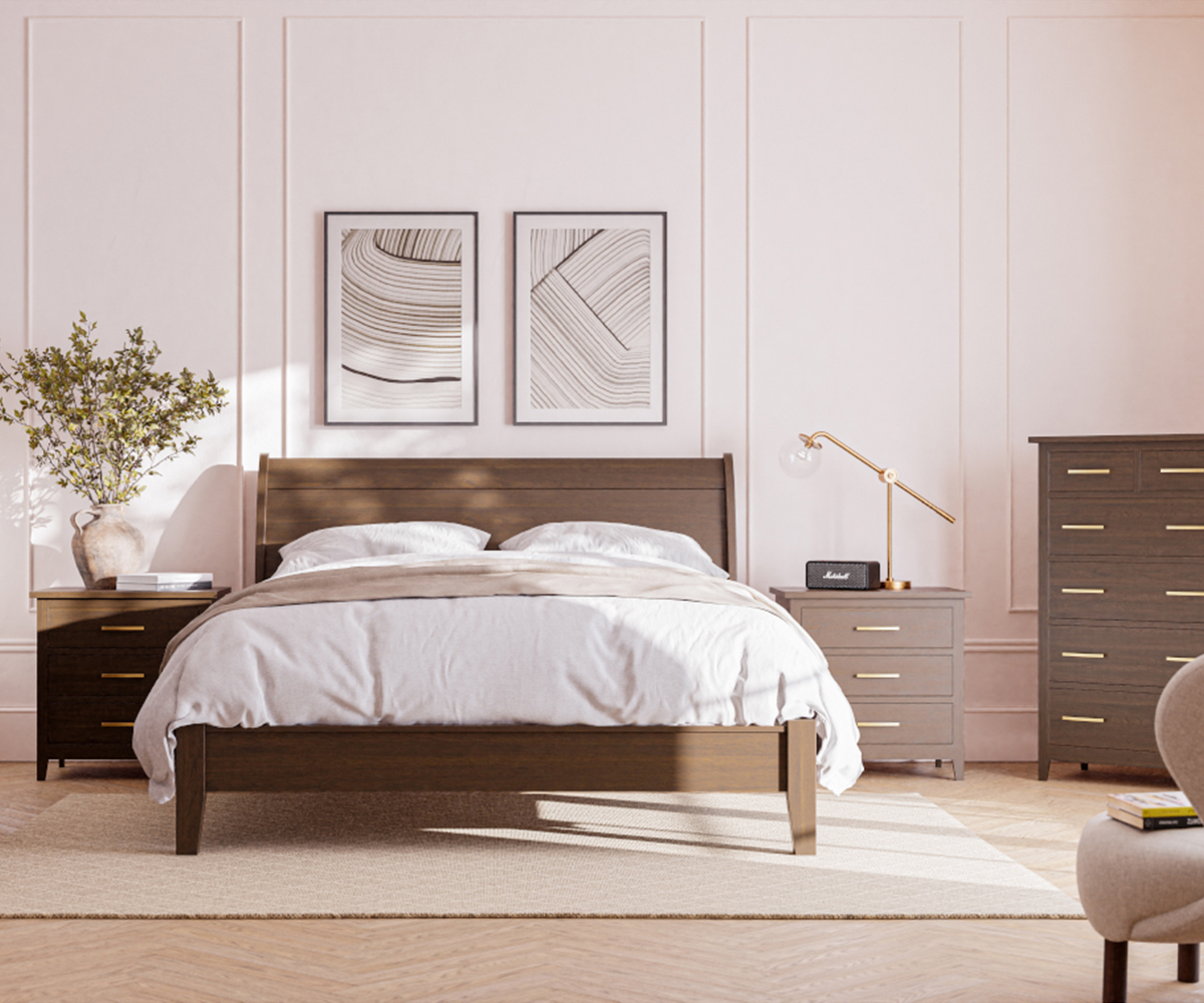 Wood bedroom furniture set with bed, nightstands, and dresser